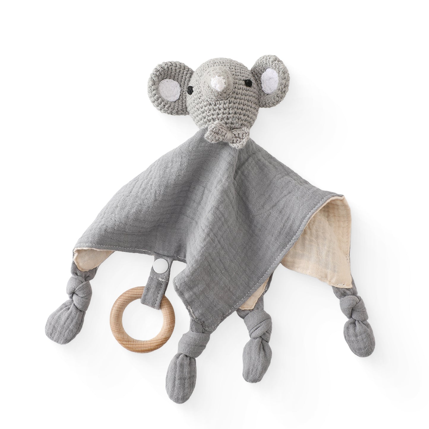 Newborn Baby Security Blanket with Crochet Animals & Wood Teether Ring (Grey)