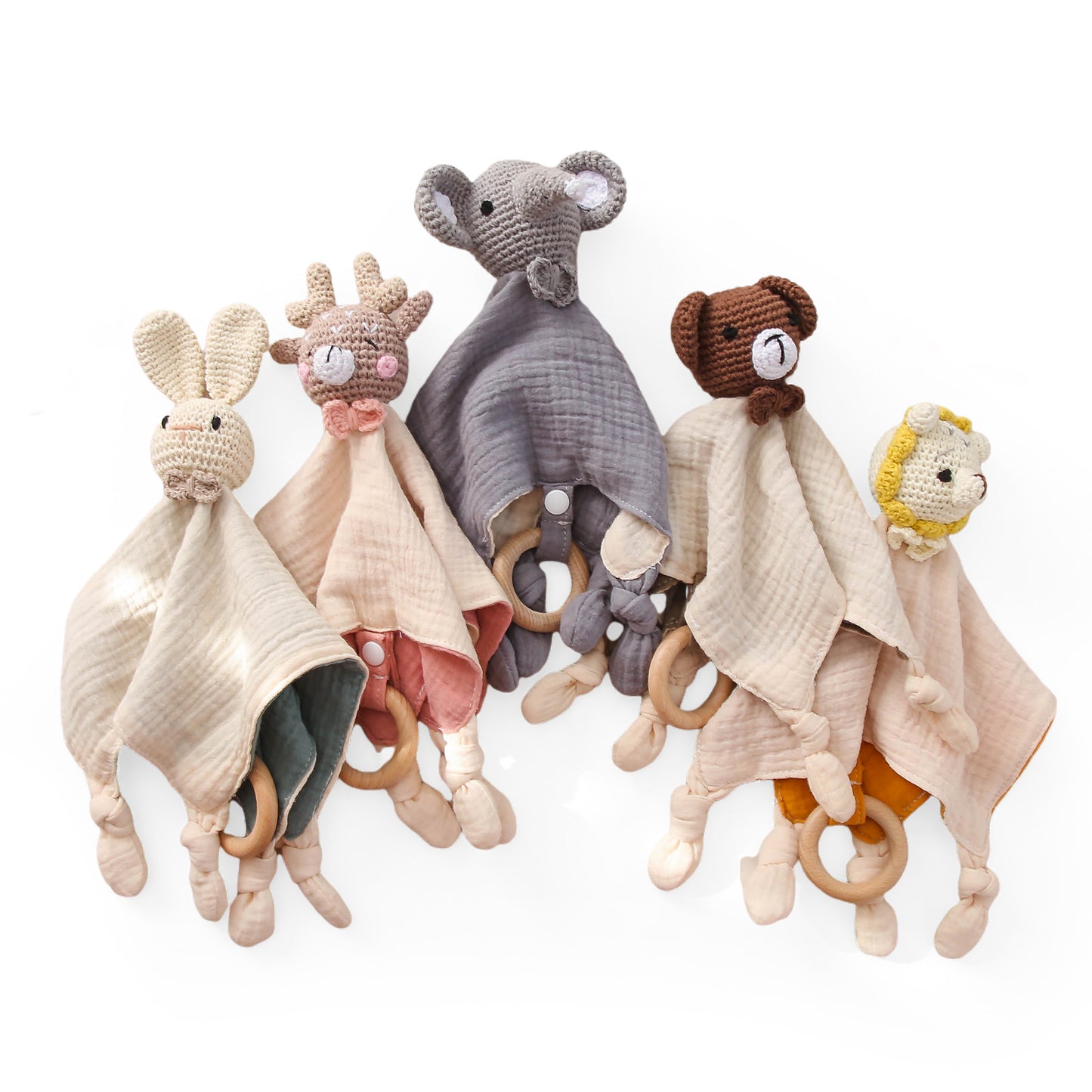 Newborn Baby Security Blanket with Crochet Animals & Wood Teether Ring (Grey)