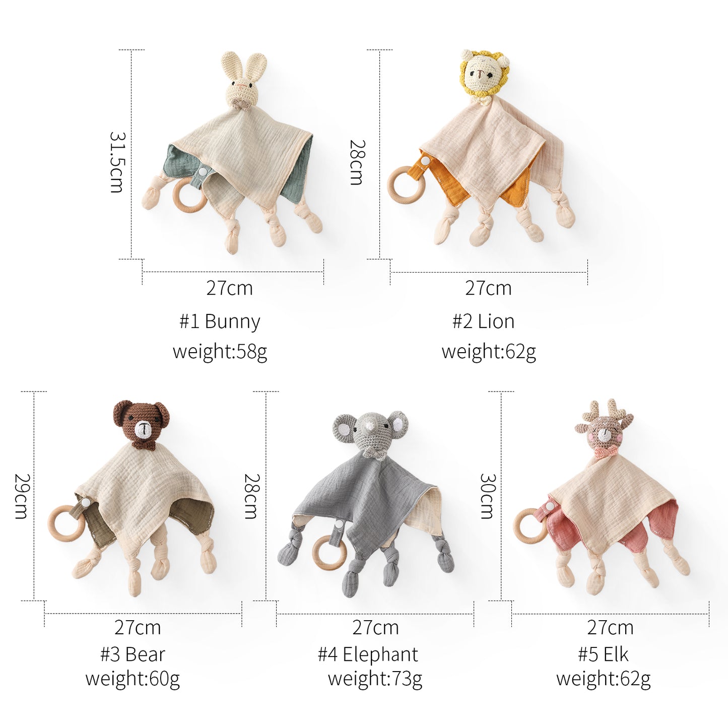 Newborn Baby Security Blanket with Crochet Animals & Wood Teether Ring (Grey)