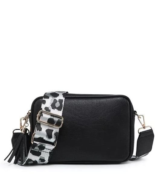 Leopard Print Strap, Ladies Cross Body Bag - Black