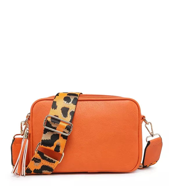 Leopard Print Strap, Ladies Cross Body Bag - Orange