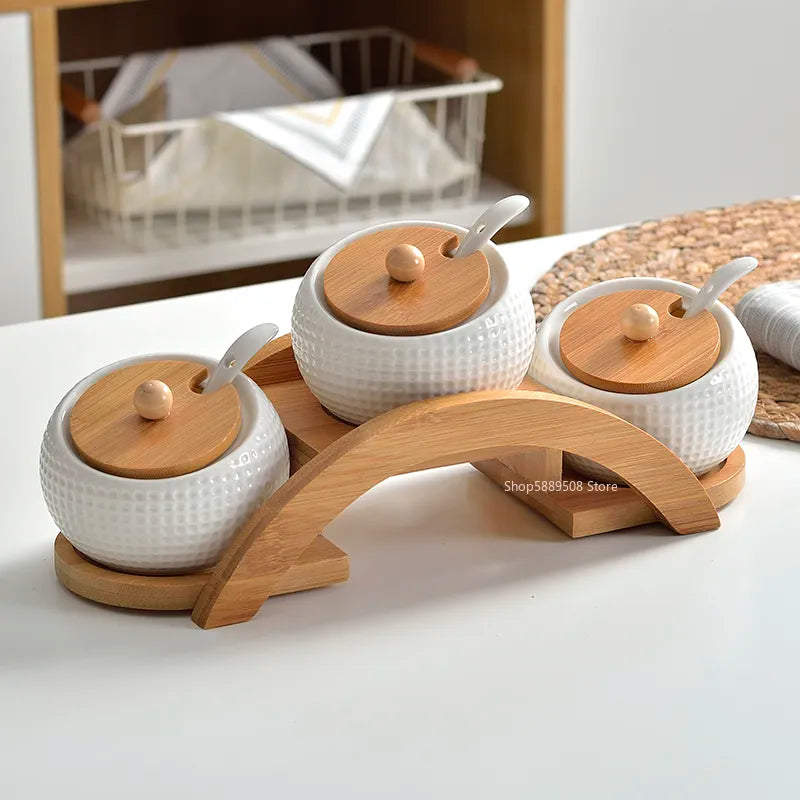 Ceramic Condiment Set with Wooden stand