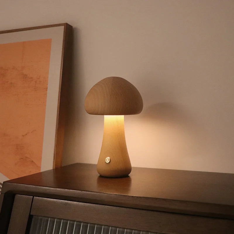 Wooden Cute Mushroom Bedside Table Lamp