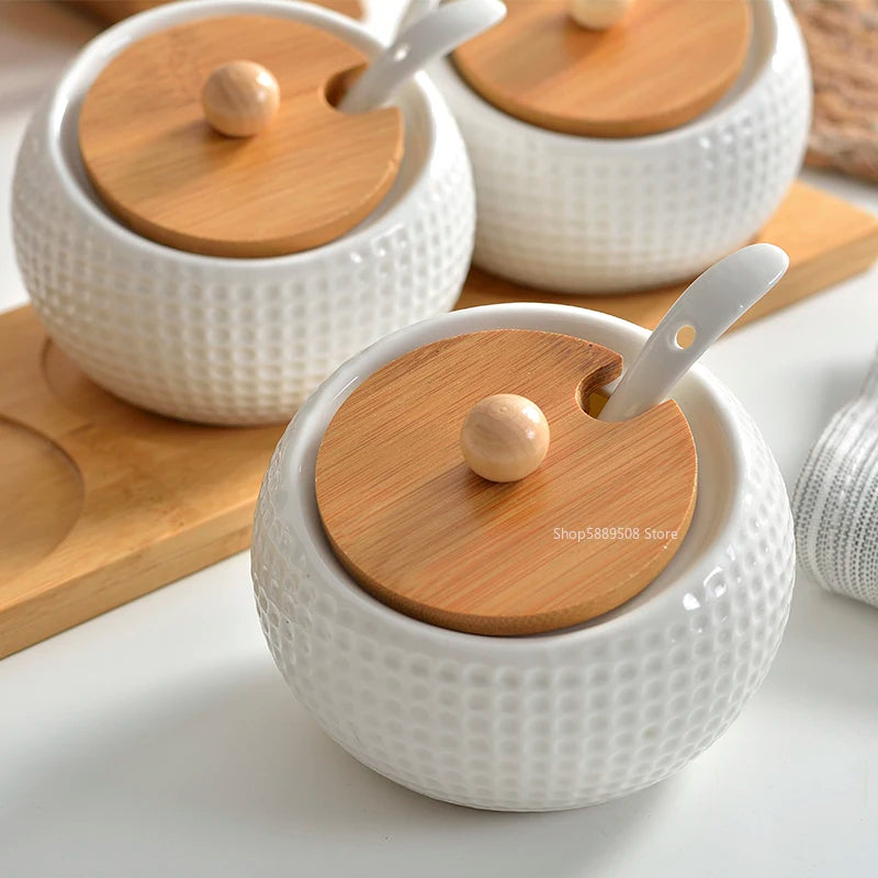 Ceramic Condiment Set with Wooden stand