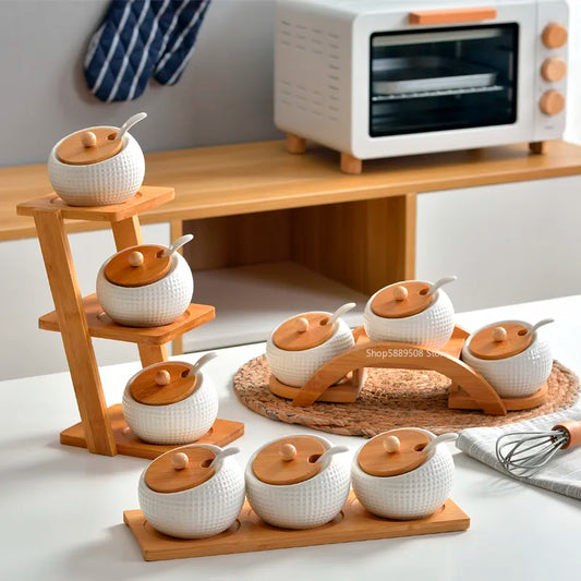 Ceramic Condiment Set with Wooden stand