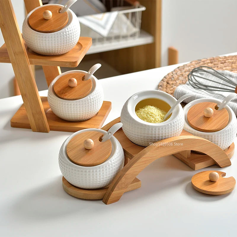 Ceramic Condiment Set with Wooden stand