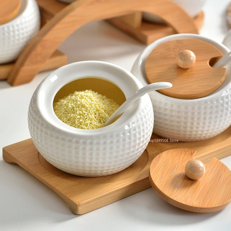 Ceramic Condiment Set with Wooden stand