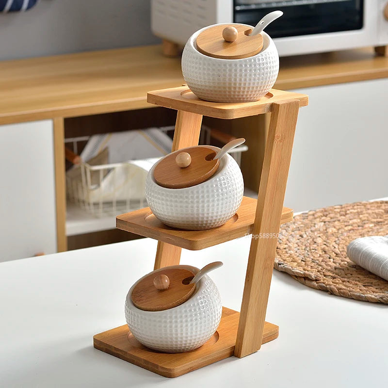 Ceramic Condiment Set with Wooden stand